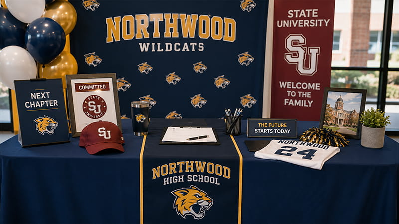 Signing Day table combining high school colors with a future college hat and banner