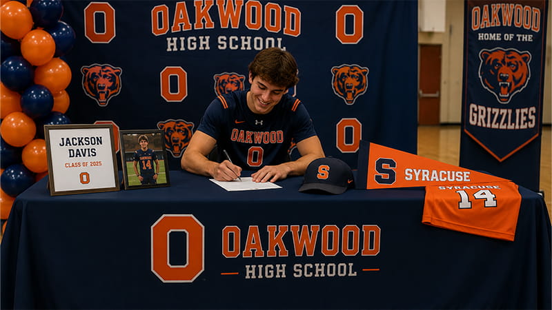 Navy and orange school colors repeated across the Signing Day table, backdrop, balloons, and athlete uniform