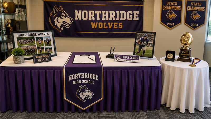Signing Day table displaying team photos, a championship ring, trophy, medal, and athlete nameplate
