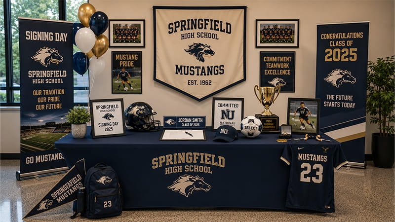 Signing Day display with sports gear, college items, trophies, medals, and athlete photos