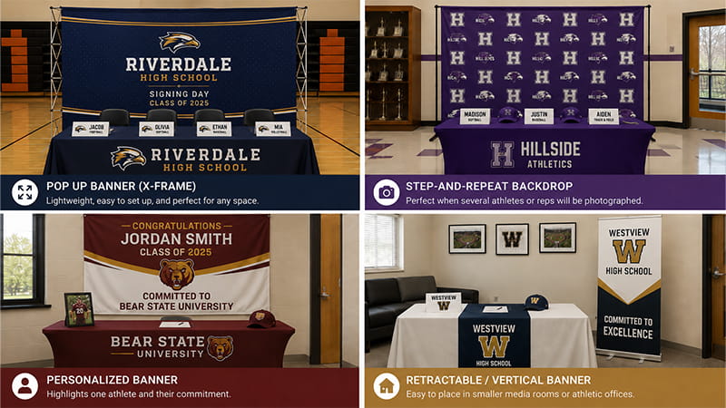 Pop-up, step-and-repeat, personalized, and retractable banners shown in Signing Day setups