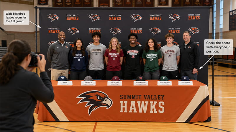 Wide backdrop fully framing six athletes and two coaches for a Signing Day group photo