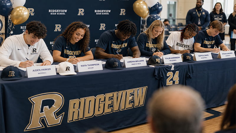 Six student-athletes signing documents together during a school Signing Day ceremony