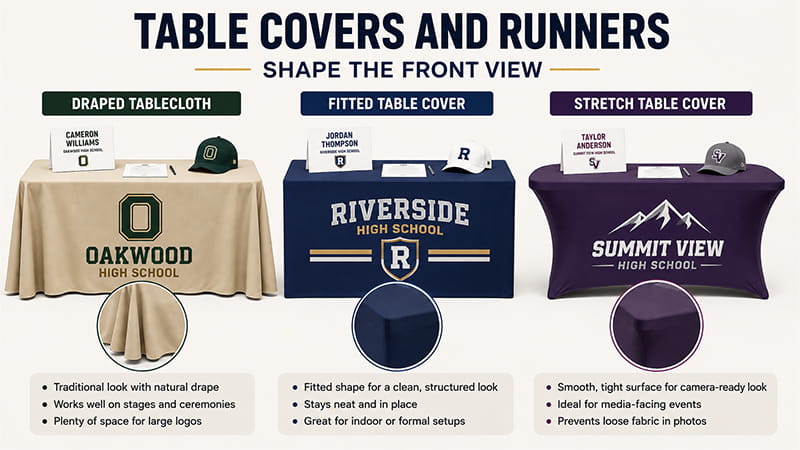 Draped, fitted, and stretch table covers compared for Signing Day setups