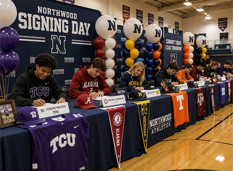 Student-athletes signing at a multi-athlete Signing Day table with college jerseys, pennants, and nameplates