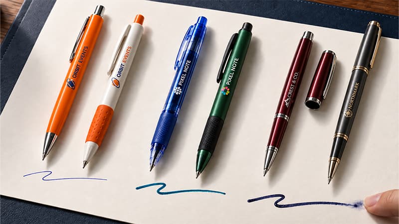 Six custom ballpoint, gel, and realistic metal rollerball pens compared with three different ink line tests.