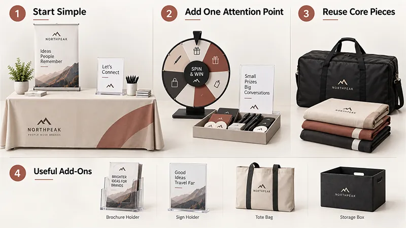 Four-step booth plan: start with a simple display, add one activity, reuse core pieces, and choose useful accessories