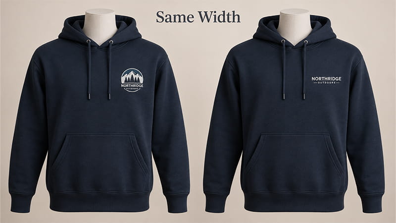 Small embroidered-style chest logo on a dark hoodie showing a compact branding placement.