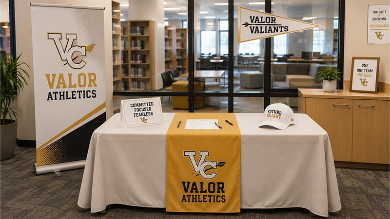 Compact school library setup using a branded table runner and retractable banner
