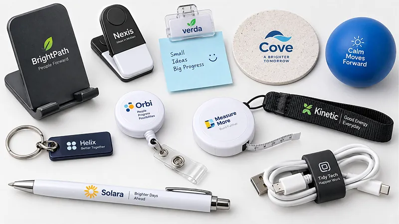 Compact trade show giveaways including phone stands, badge reels, key rings, a coaster, and a stress ball