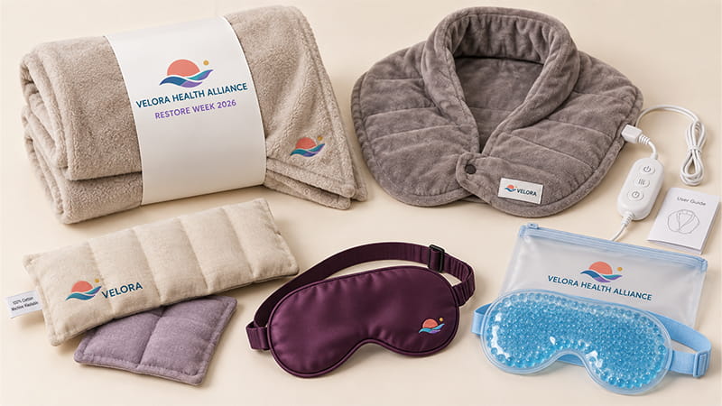 Soft comfort gifts including a blanket, heated neck wrap, reusable warm pack, sleep mask, and cooling eye mask.