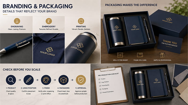 Sponsor gift branding and packaging guide showing engraving, embroidery, printing, fitted inserts, and sample approval.