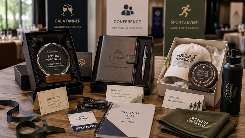 Sponsor gift examples for a gala dinner, conference, and sports event, showing how presentation settings influence gift choice.