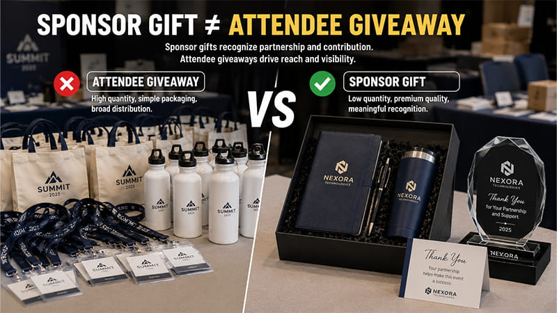 Comparison between attendee giveaways and higher-quality sponsor thank-you gifts designed to recognize event partners.