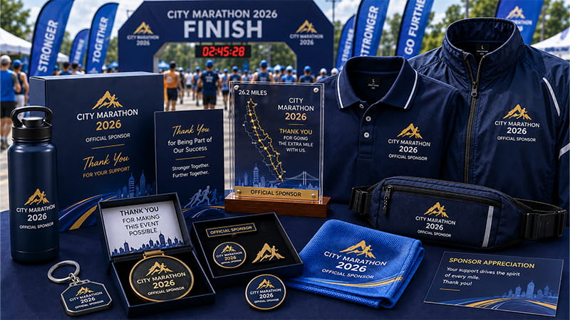 Marathon sponsor appreciation gifts including drinkware, towels, apparel, bags, and commemorative awards for a sports event.