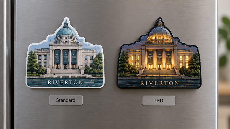 Standard souvenir fridge magnet compared with an LED version that illuminates part of the landmark design.