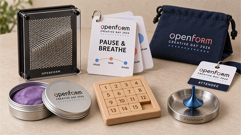 Stress relief gift box items including tactile desk tools, breathing prompts, a small puzzle, and compact pause accessories.