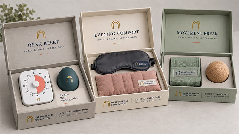 Three coordinated stress relief gift boxes for desk reset, evening comfort, and movement break themes.