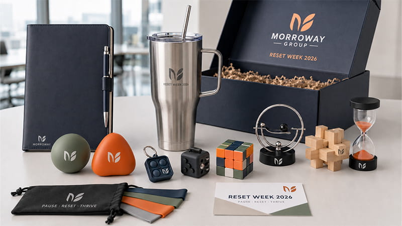 Stress relief gift set with a tumbler, notebook, tactile desk toys, puzzle, timer, and small relaxation accessories.