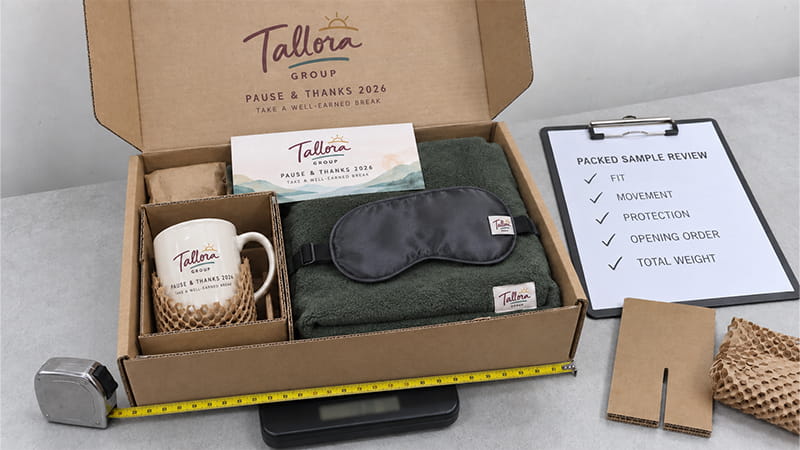 Pre-production stress relief gift set sample being checked for box fit, internal movement, protective packaging, opening order, and packed weight.