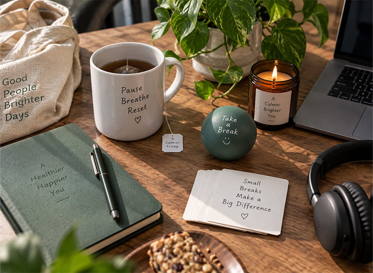 Stress relief gifts for everyday relaxation with a journal, stress ball, tea, headphones, and simple desk break items