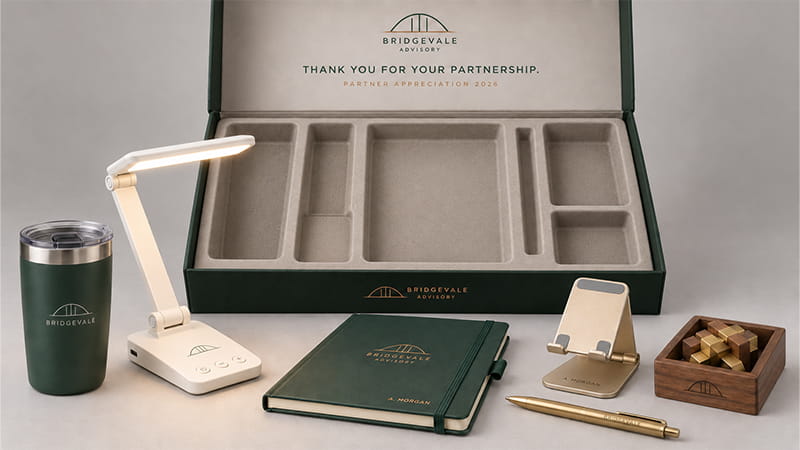 Client relaxation gift set with a tumbler, desk lamp, notebook, phone stand, pen, and wooden brain teaser.