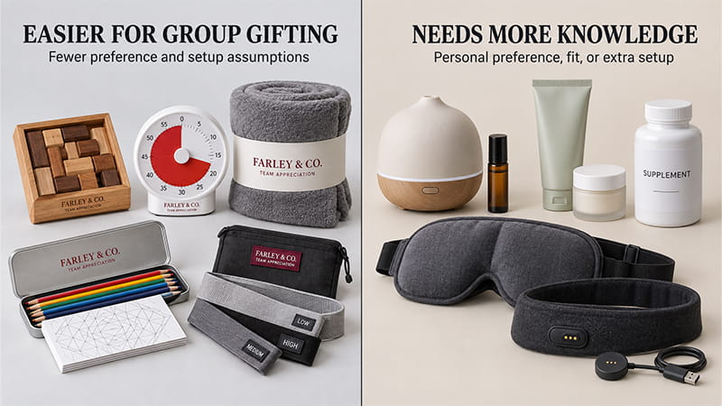 Comparison of broad-fit group gifts such as puzzles and blankets with more personal products such as fragrance, skincare, and sleep accessories.