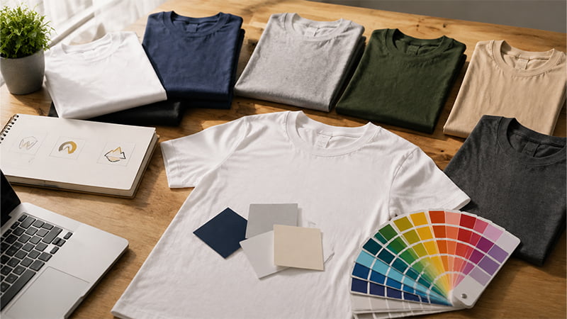 T-shirts in neutral and natural colors arranged with swatches for comparing project color options