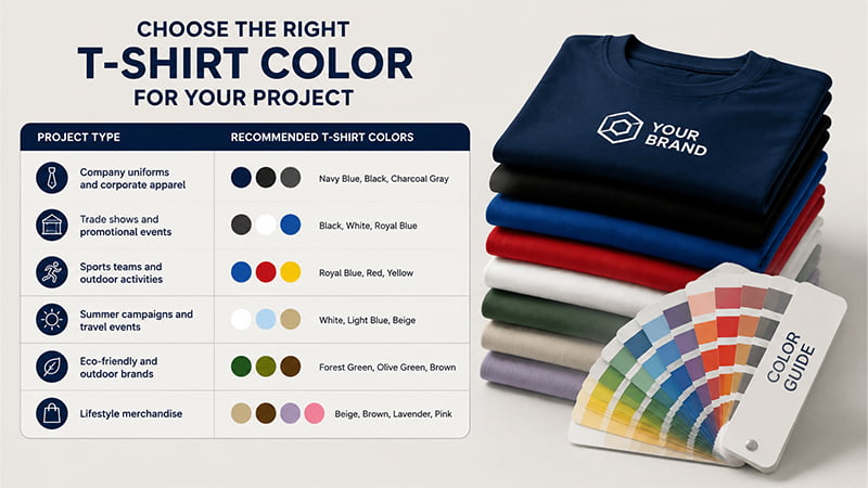 T-shirt color guide matching project types with recommended shirt colors for custom apparel