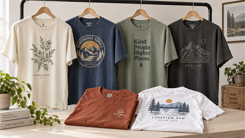 Different T-shirt design ideas featuring illustration, typography, branding, outdoor, and event-inspired graphics.