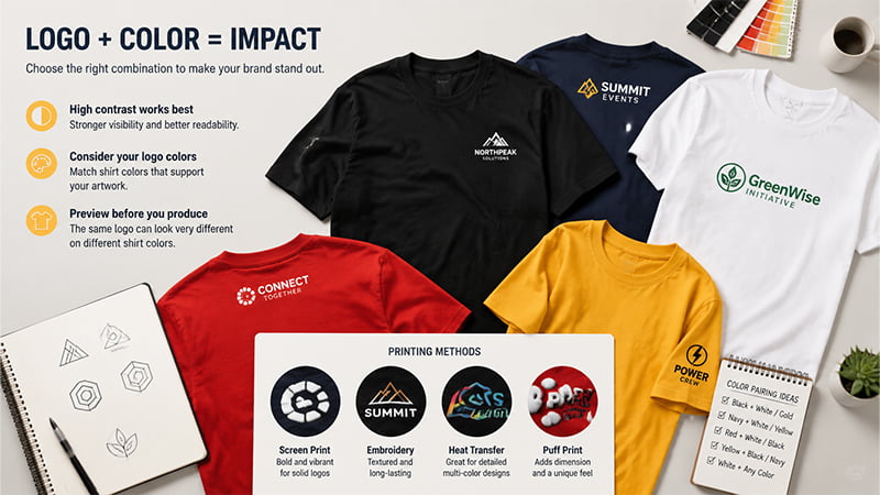 Custom T-shirts in black, navy, white, red, and yellow showing different logo contrast options