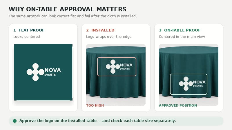 Tablecloth logo placement comparison showing a flat artwork proof, a logo positioned too high after installation, and an adjusted on-table position.