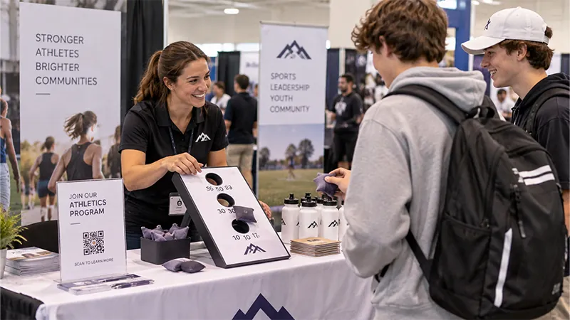 Exhibitor demonstrating a compact tabletop game to two trade show visitors
