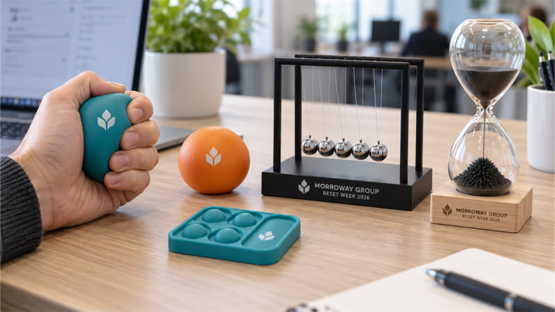 Tactile desk stress relief gifts including squeeze toys, a silicone fidget, balancing desk toy, and magnetic hourglass.