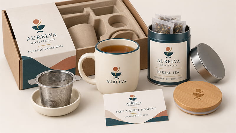 Tea and drinkware relaxation gift set with a mug, tea infuser, herbal tea, message card, and coordinated packaging.