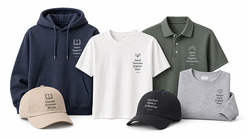 Teacher apparel gifts including hoodies, T-shirts, polos, caps, and sweatshirts with subtle school-themed designs.