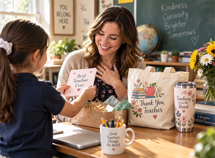 Student giving a thank-you card and appreciation gifts to a teacher in a classroom, with a tote bag, tumbler, and mug on the desk.
