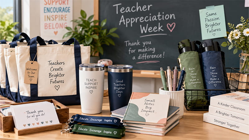 Teacher Appreciation Week gift display with totes, tumblers, notebooks, stationery, umbrellas, and thank-you cards.