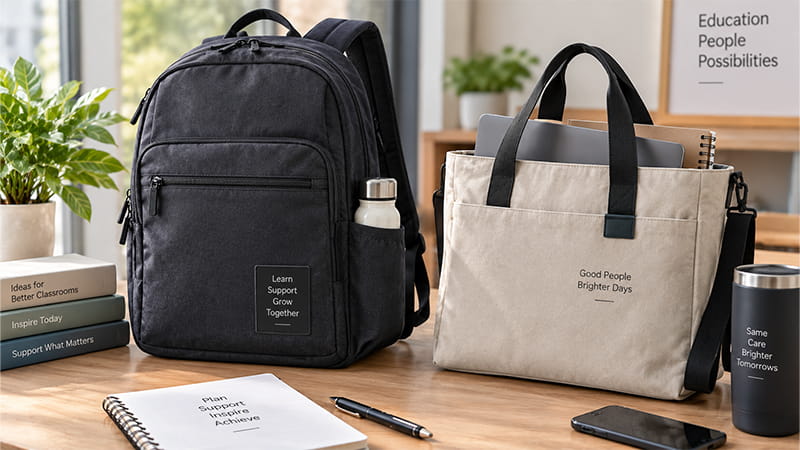 Teacher backpack and structured work tote for carrying laptops, files, notebooks, and school materials.