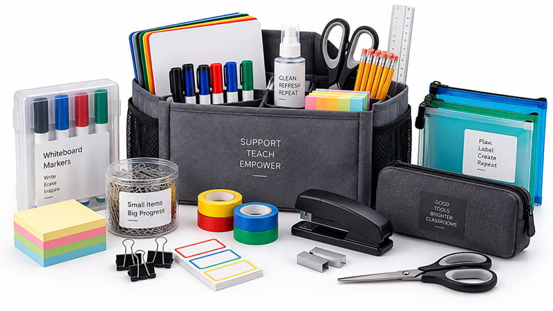 Classroom supply kit with whiteboard markers, scissors, sticky notes, labels, pencils, and storage pouches.