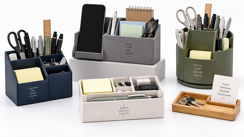Compact desk organizers holding pens, scissors, sticky notes, a phone, and small classroom supplies.