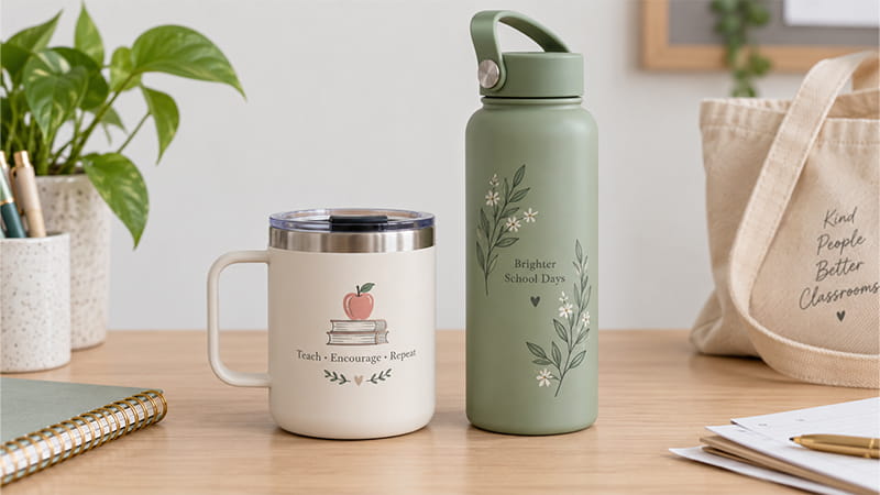 Teacher appreciation drinkware including an insulated tumbler and reusable water bottle for classroom and campus use.