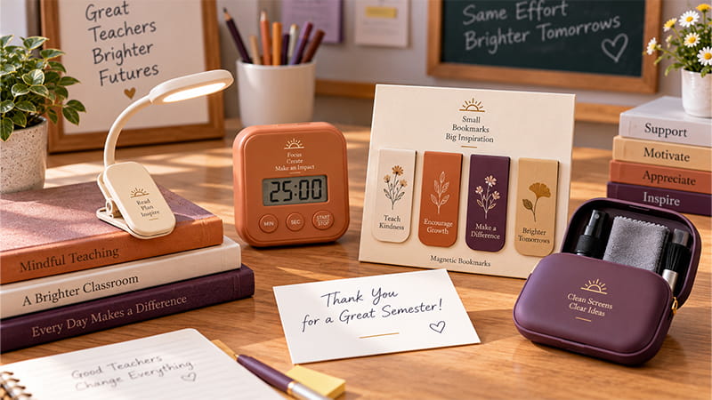 Teacher holiday appreciation gifts with a desk lamp, timer, bookmarks, small accessories, and thank-you card.