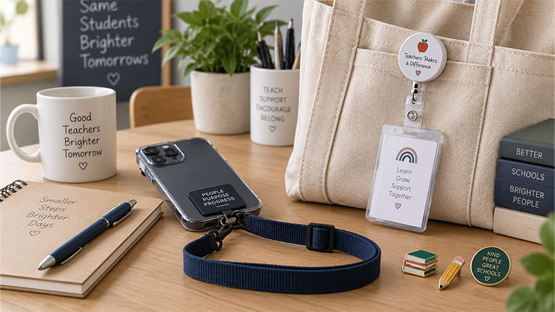 Teacher lanyard and badge holder displayed with everyday school desk accessories and a tote bag.