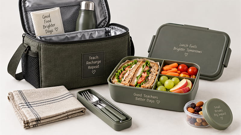 Insulated teacher lunch bag with lunch box, reusable bottle, utensils, fruit, and everyday meal items.
