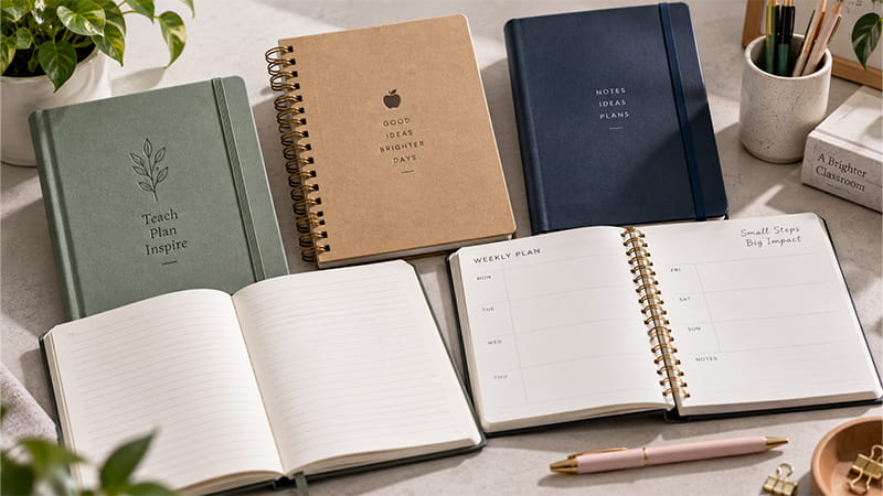 Teacher notebooks and journals in different bindings and layouts for meetings, planning, and everyday writing.