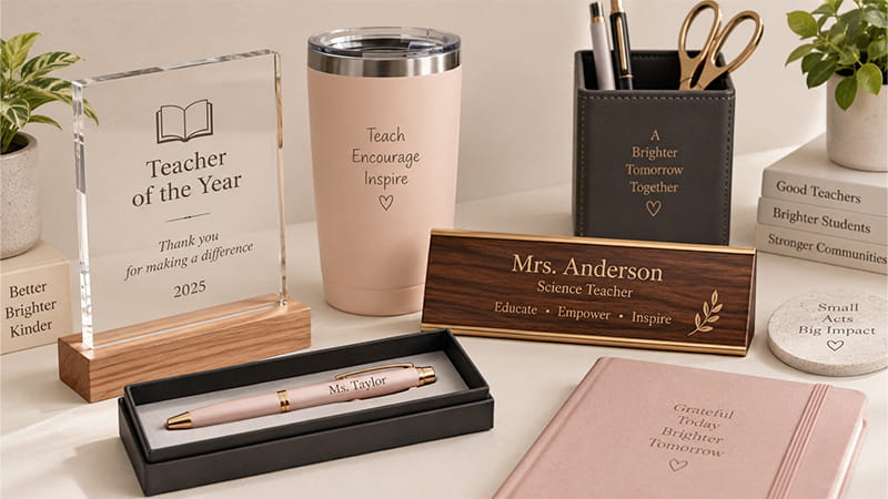 Teacher recognition gifts including an acrylic award, engraved pen, personalized nameplate, tumbler, and notebook.