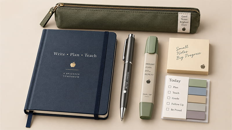 Teacher stationery gift set with a notebook, pens, highlighter, sticky notes, and pencil pouch.