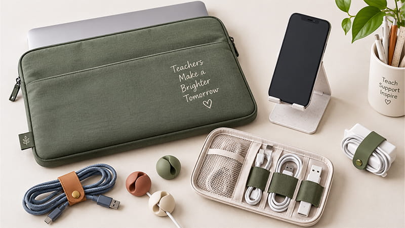 Teacher tech accessories including a laptop sleeve, phone stand, charging cables, and cable organizers.