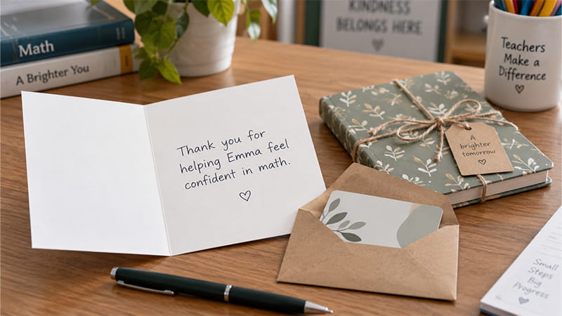 Handwritten thank-you note beside a wrapped teacher gift, envelope, pen, and classroom books.